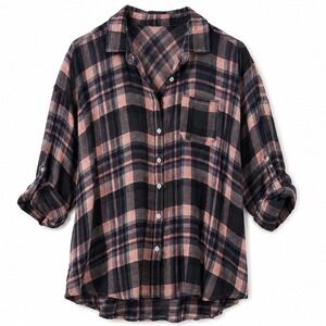 ETWO‎ Womens Plaid Button Down Shirt Pink Black Roll Tab Sleeve Rayon Large